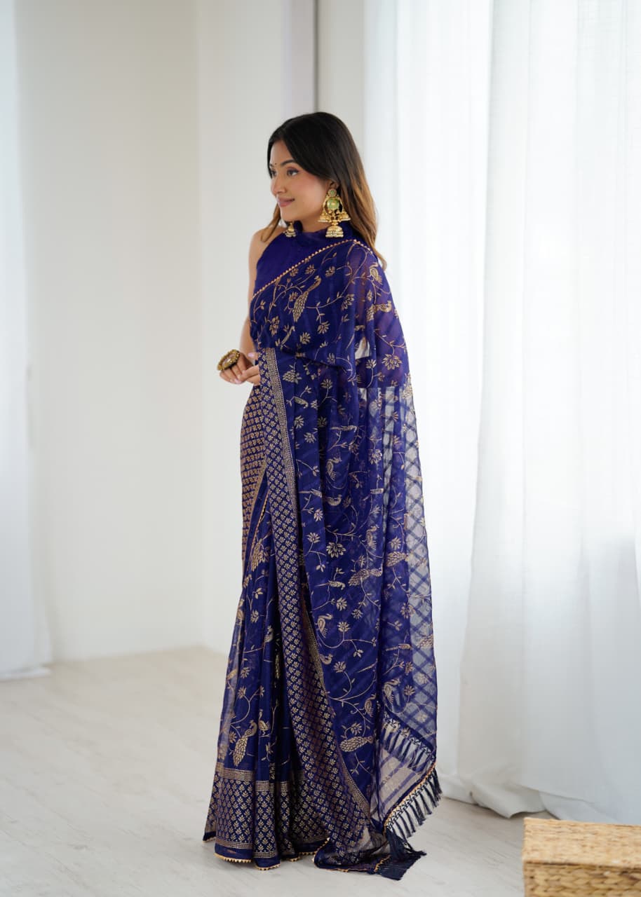 Violet Color Georgette Saree With Digital Printed Work And Lace Border