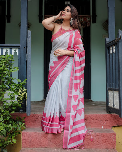 White And Pink Floral Digital Printed Linen Cotton Saree