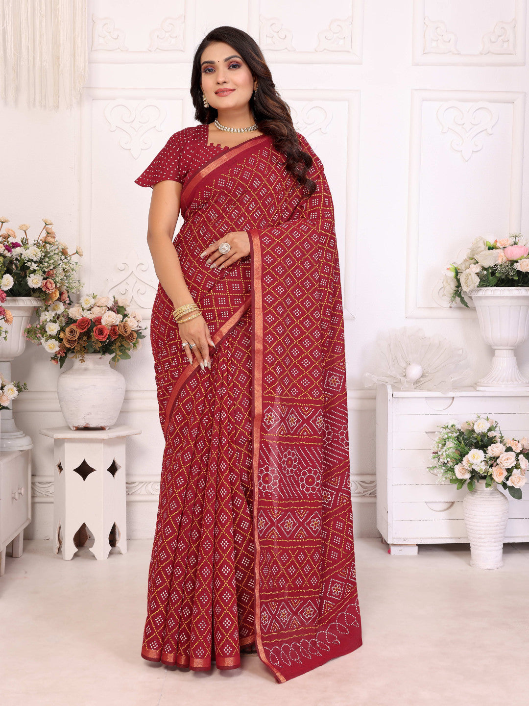 Red Bandhej Printed Soft Cotton Saree With Zari Border | Traditional Festive Ethnic Wear – JaipurSaaj