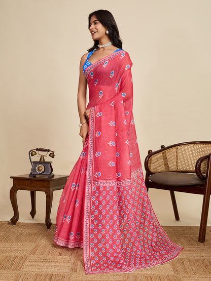 Gajari Linen Cotton Saree With Digital Printed Work And Silver Zari Border