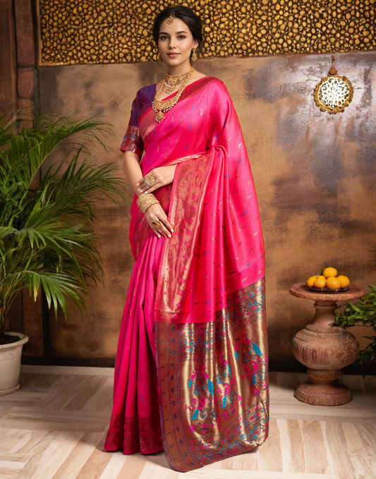 Traditional Pink Paithani Silk Saree With Zari Weaving Work
