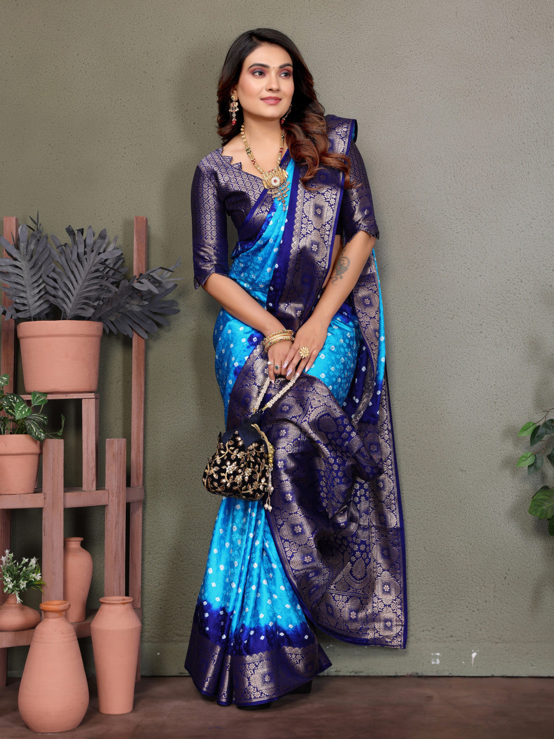 Sky Blue & Blue Bandhej Silk Saree With Zari Weaving Work | Festive Wedding Wear – JaipurSaaj