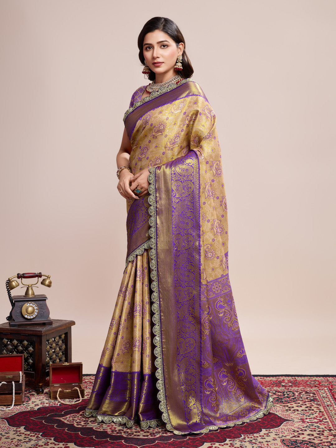 Beige Kanjivaram Silk Saree With Zari Weaving Work | Bridal Wedding Wear – JaipurSaaj