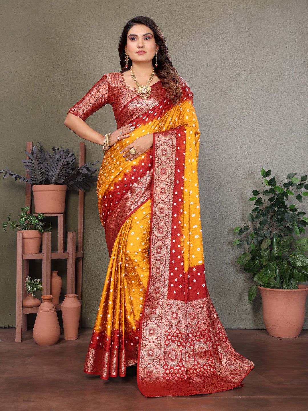 Orange & Maroon Bandhej Silk Saree With Zari Weaving Work | Festive Wedding Wear – JaipurSaaj