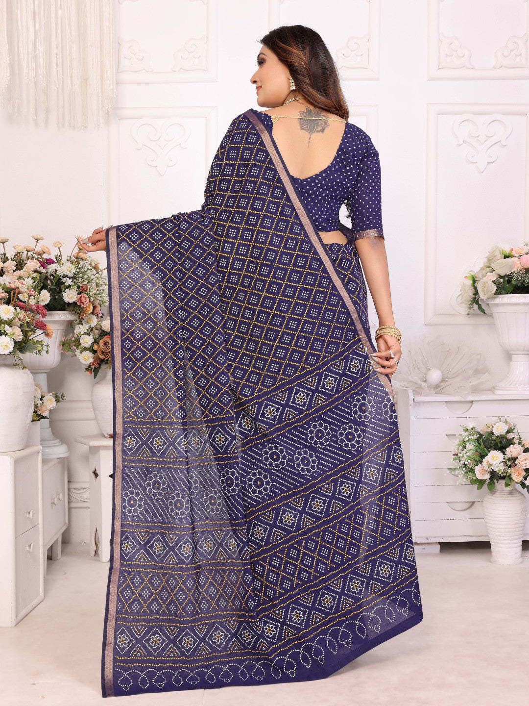 Navy Blue Bandhej Printed Soft Cotton Saree With Zari Border | Traditional Festive Ethnic Wear – JaipurSaaj