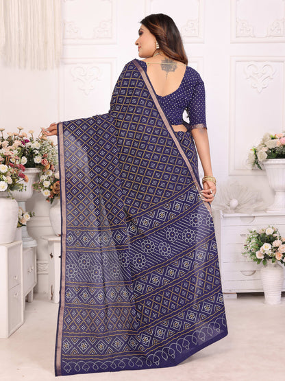Navy Blue Bandhej Printed Soft Cotton Saree With Zari Border | Traditional Festive Ethnic Wear – JaipurSaaj