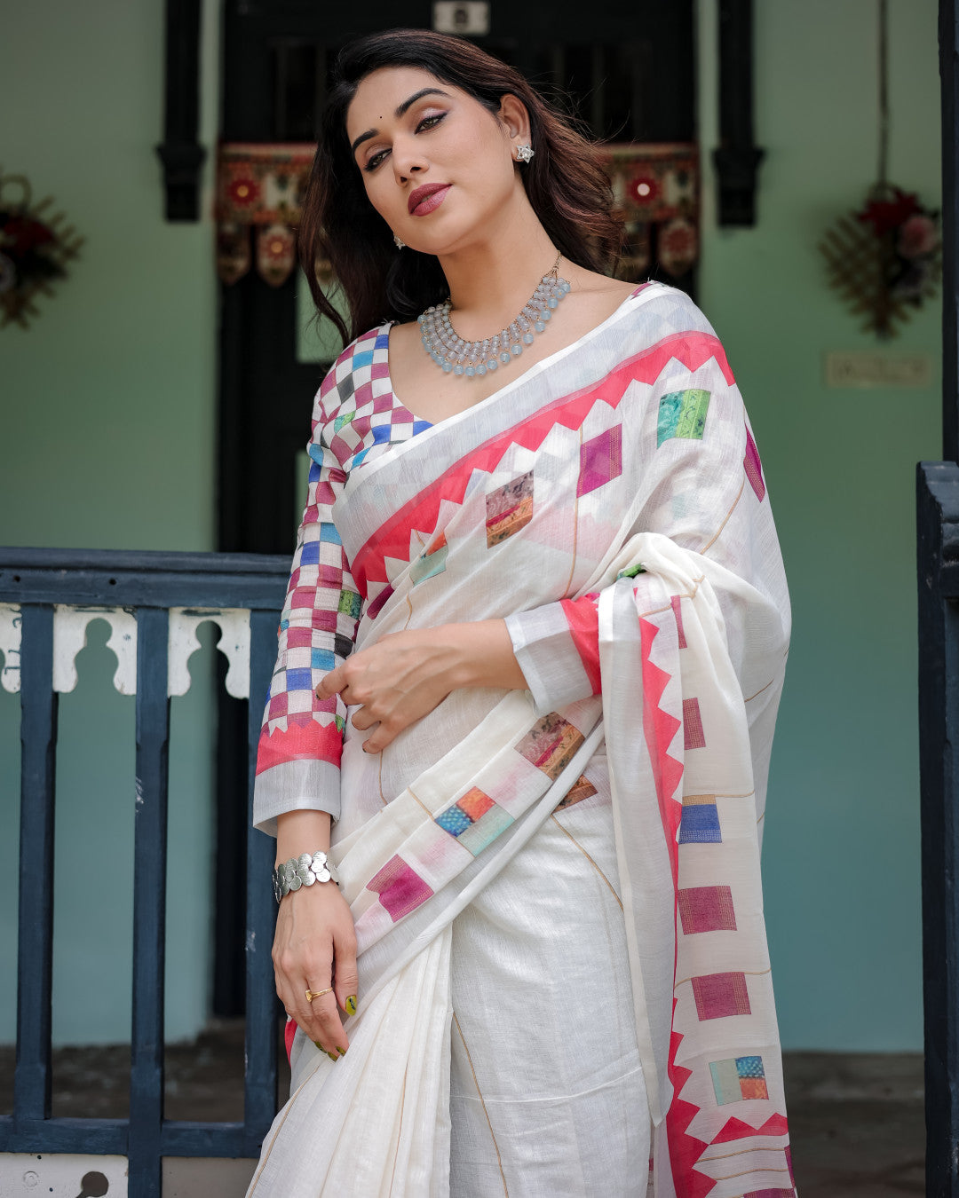 White Summer Special Digital Printed Linen Cotton Saree