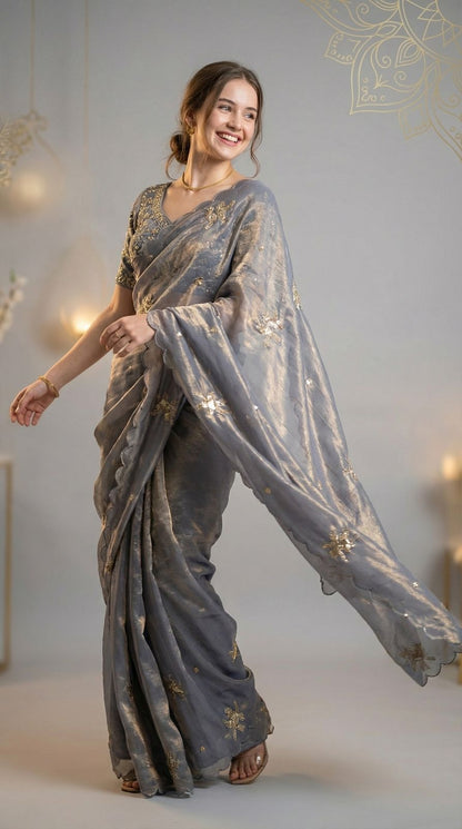 Gray Fandy Satin Silk Saree With Heavy Shine Hand Work & Cutwork Border | Wedding & Party Wear - JaipurSaaj