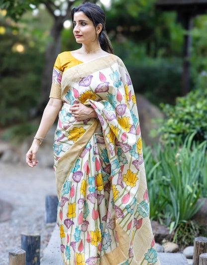 Multi Color Plain Mix Linen Cotton Saree With Digital Printed Work