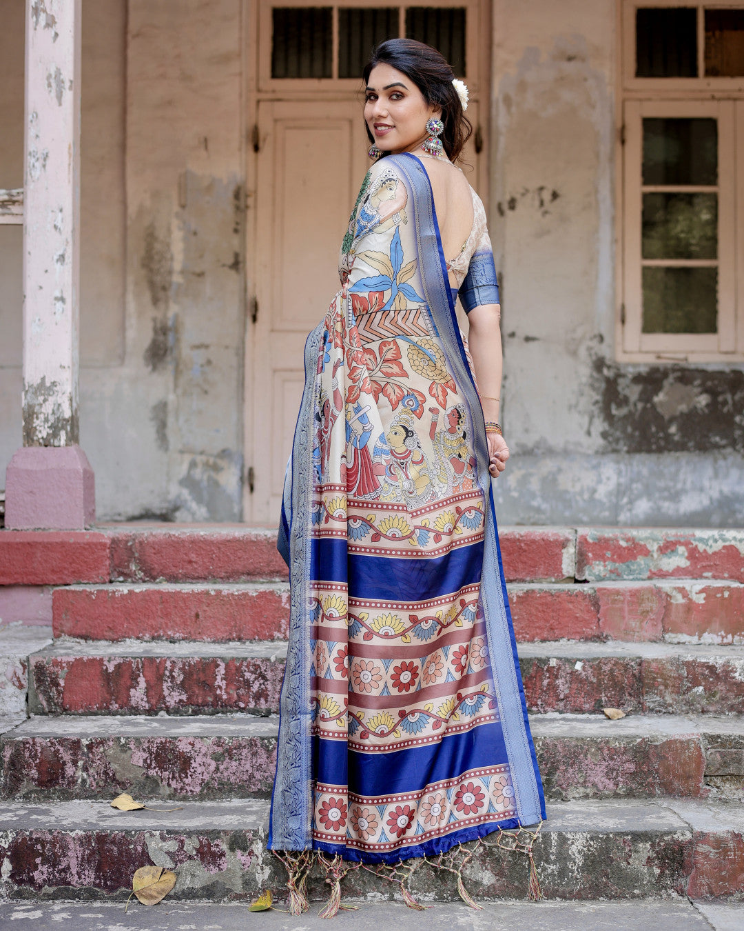 Multi Kalamakari Floral Printed Tussar Silk Saree With Zari Motif Border | Festive Ethnic Wear – JaipurSaaj
