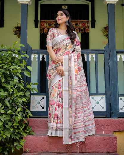 Multi Color Digital Printed Linen Cotton Saree | Summer Special Casual & Office Wear – JaipurSaaj