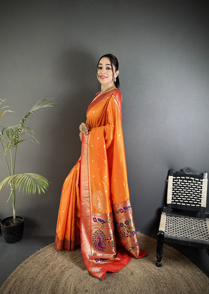 Orange Paithani Lichi Silk Saree With Zari Weaving Work | Festive & Wedding Wear – JaipurSaaj