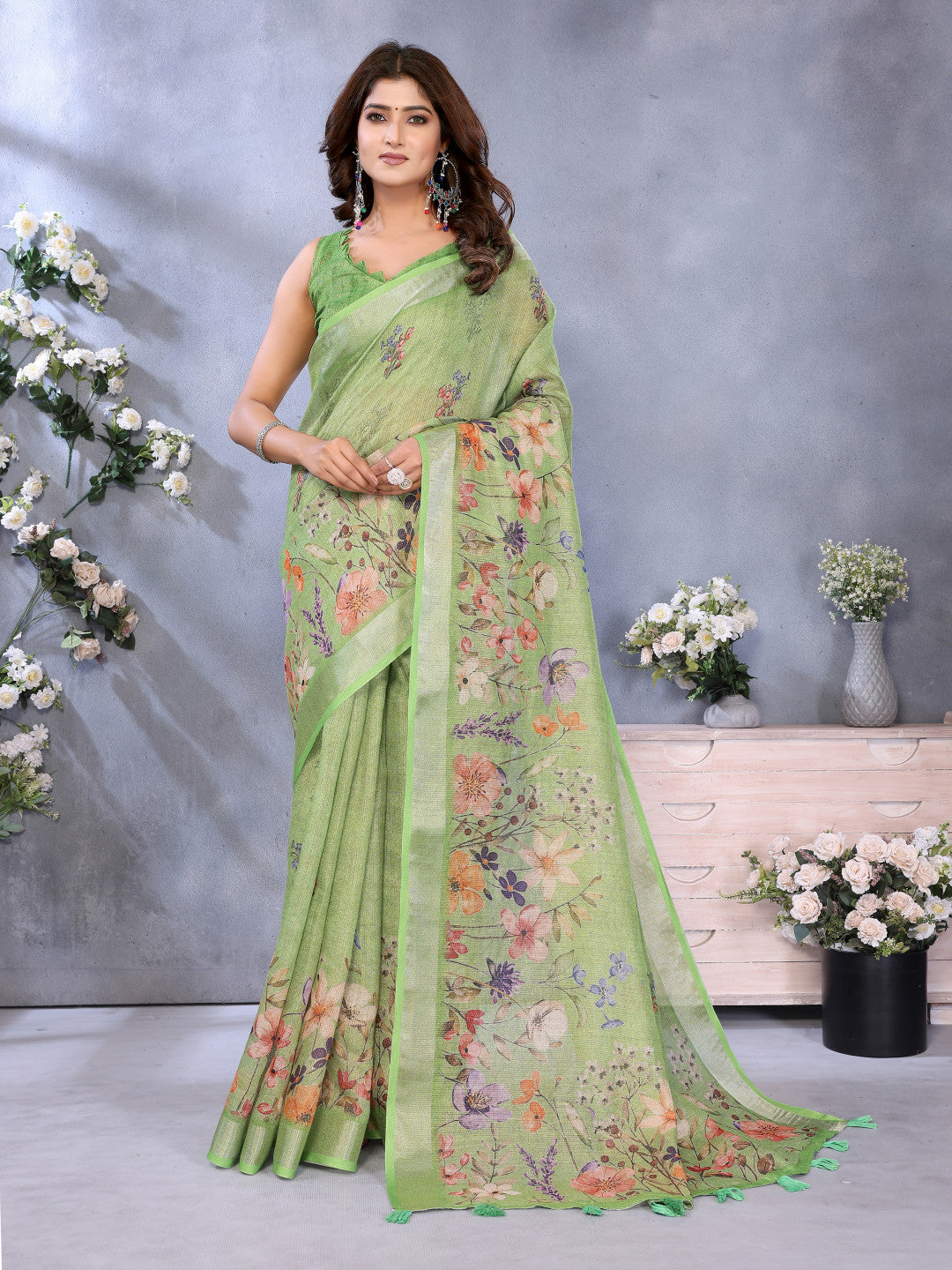 Parrot Green Linen Cotton Saree With Digital Printed Work And Silver Zari Border