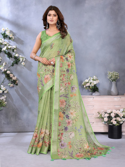 Parrot Green Linen Cotton Saree With Digital Printed Work And Silver Zari Border