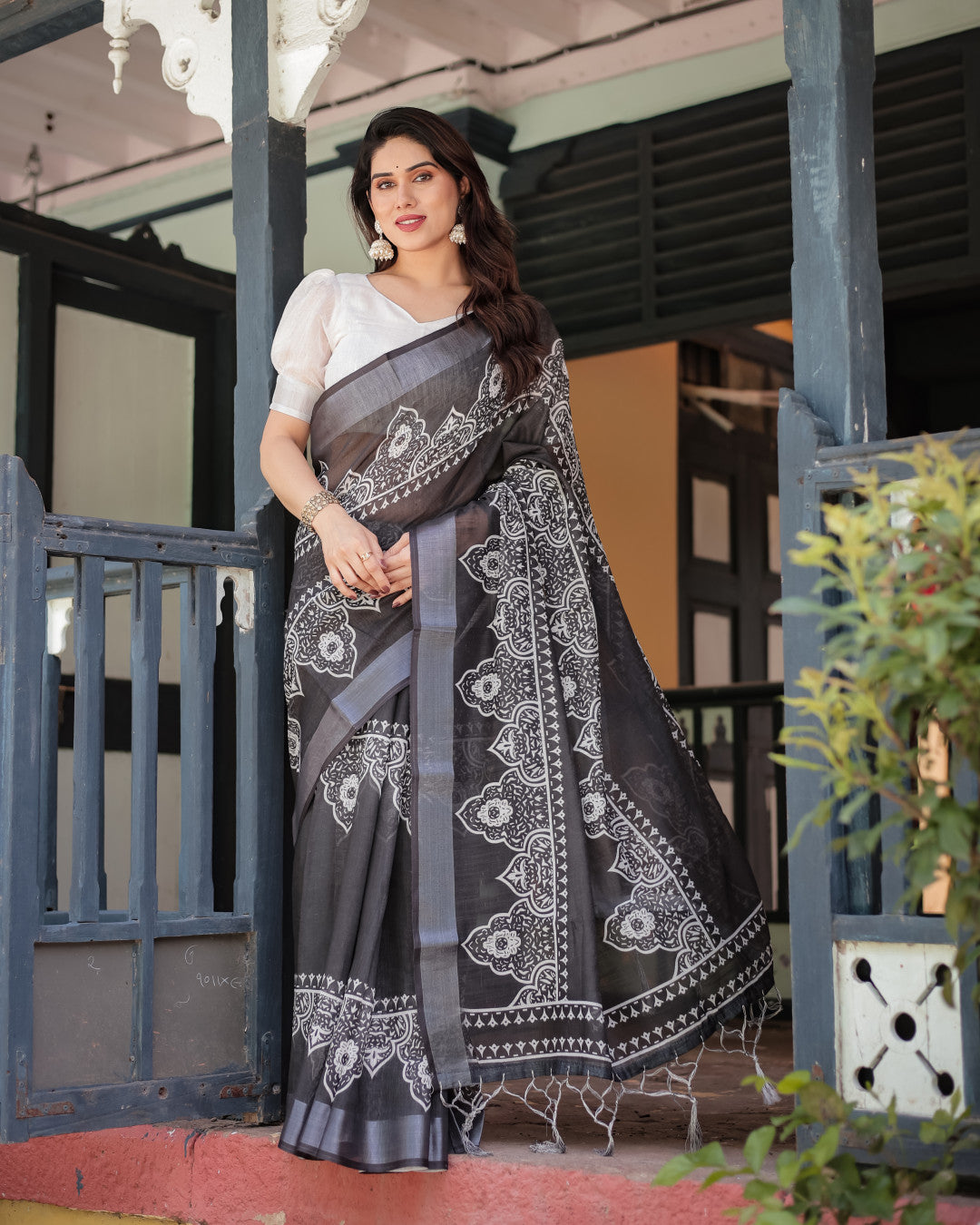 Black Summer Special Digital Printed Linen Cotton Saree