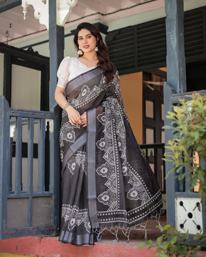 Black Summer Special Digital Printed Linen Cotton Saree