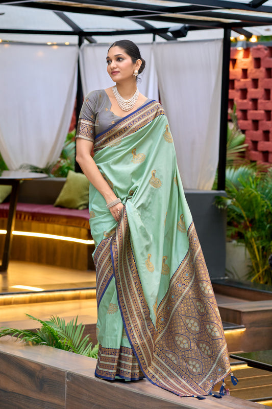 Sea green soft Banarasi silk saree with zari weaving work and contrast border by JaipurSaaj