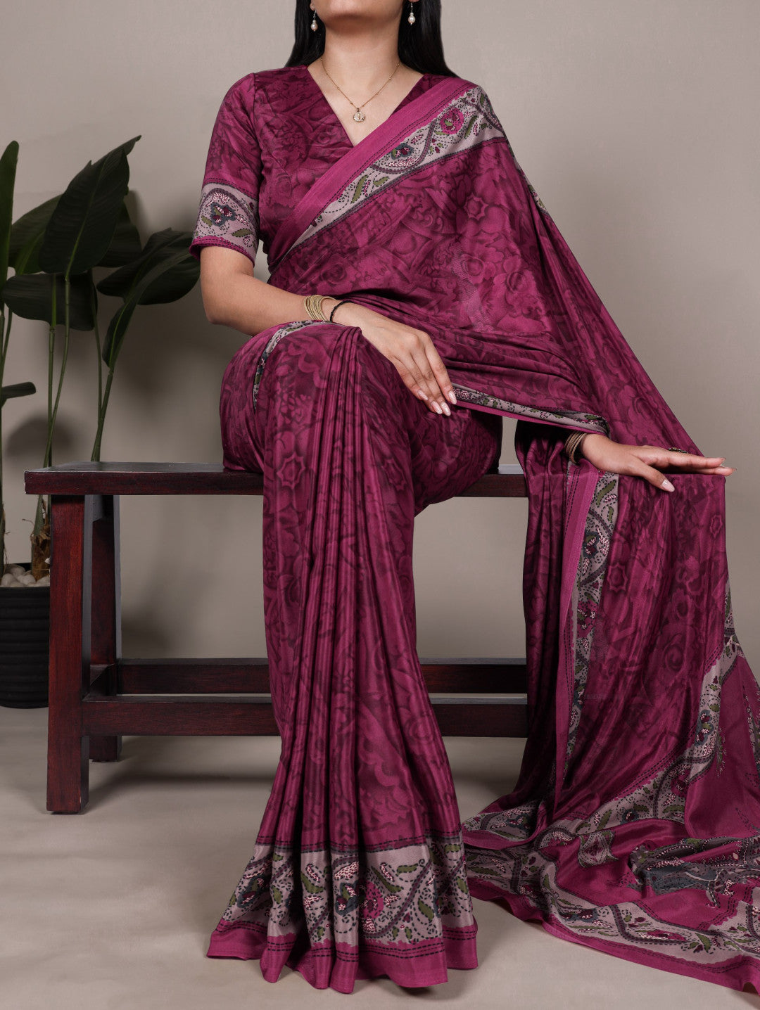 Magenta Crepe Silk Saree with Digital Print & Kalamkari Pallu | Designer Festive Ethnic Wear – JaipurSaaj