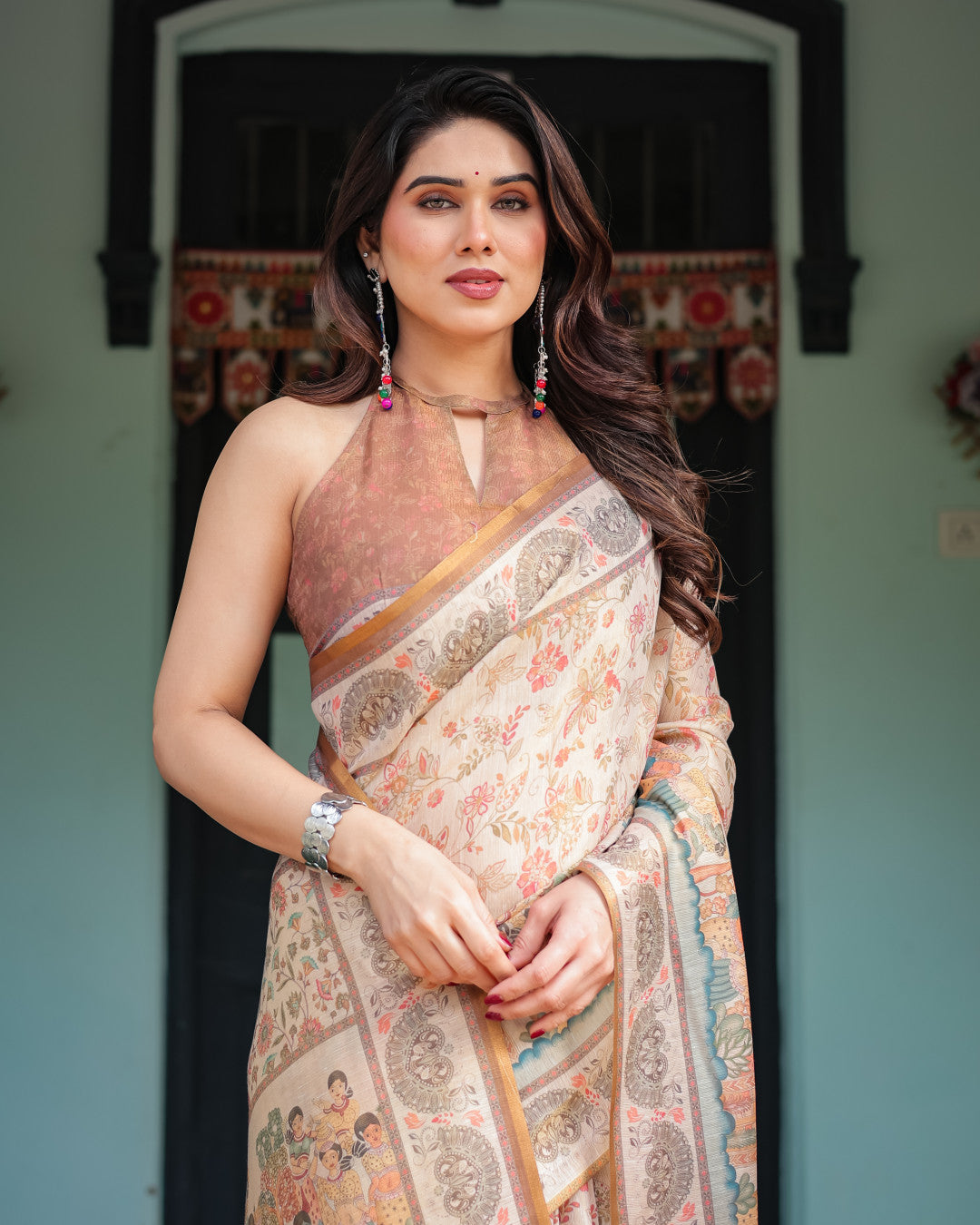 Off White Soft Linen Cotton Saree with Kalamkari Printed Work | Summer Casual & Ethnic Wear – JaipurSaaj