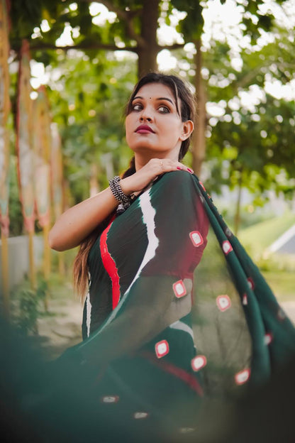 Green Soft Chinon Silk Saree With Shibori Printed Work | Casual & Festive Wear – JaipurSaaj