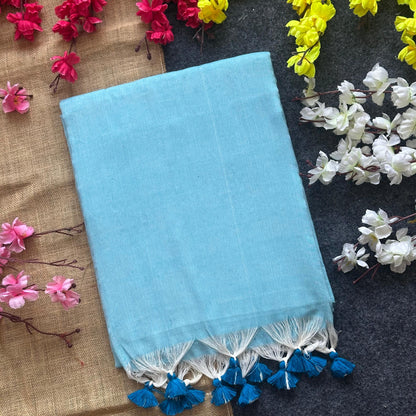 Sky Blue Plain Khadi Cotton Saree With Fancy Tassel Work | Handloom Office Wear – JaipurSaaj