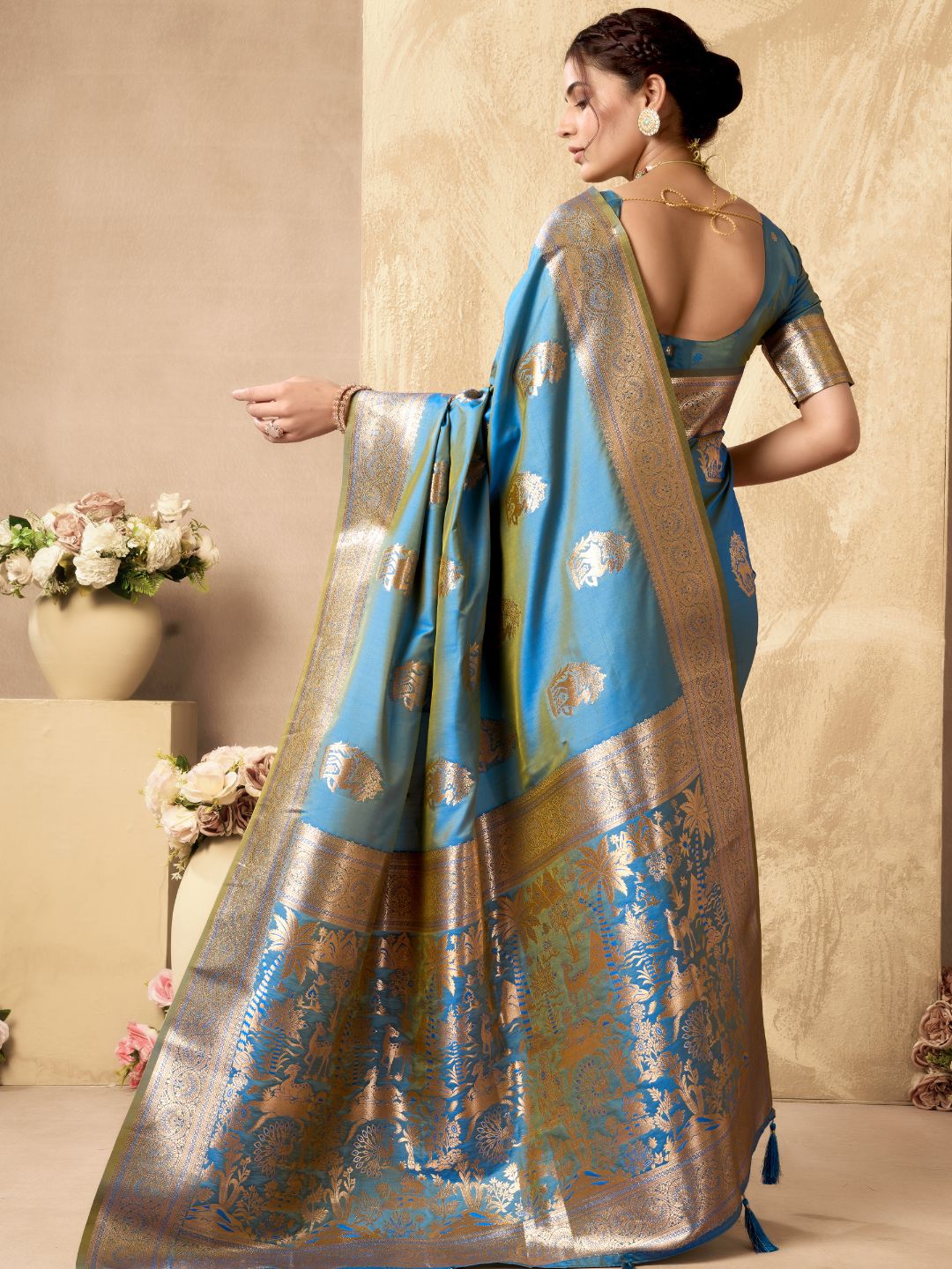 Alternate full view of sky blue Banarasi silk saree with zari weaving, Warli work and zhallar border