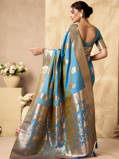 Alternate full view of sky blue Banarasi silk saree with zari weaving, Warli work and zhallar border