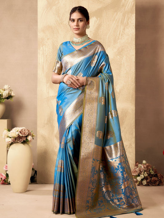 Woman wearing sky blue Banarasi silk saree with Warli weaving work and zhallar border full front view