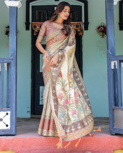 Multi Color Kalamkari Digital Printed Linen Cotton Saree | Summer Casual & Ethnic Wear – JaipurSaaj