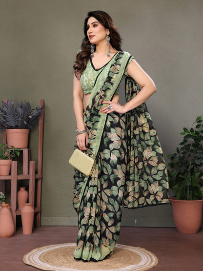 Green Soft Chiffon Saree With Printed Work And Lace Border