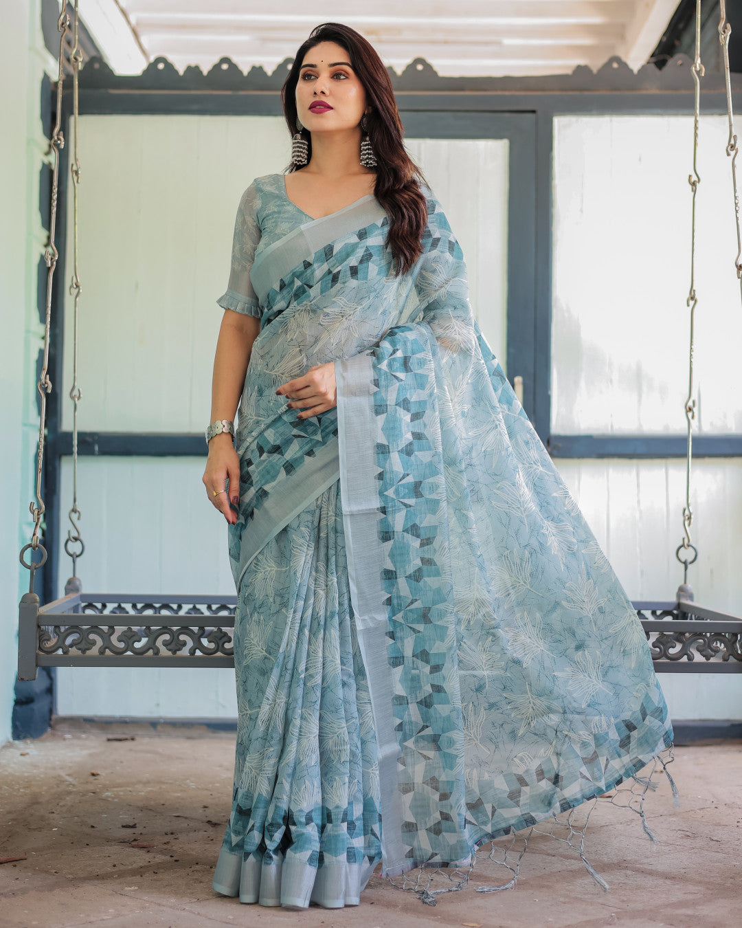 Sky Blue Summer Special Digital Printed Linen Cotton Saree