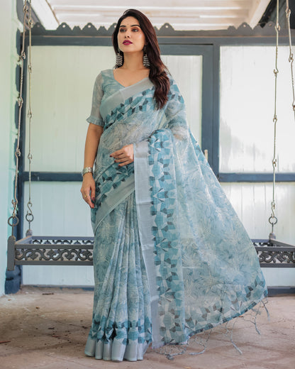Sky Blue Summer Special Digital Printed Linen Cotton Saree
