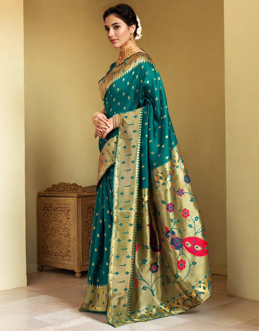 Traditional Rama Green Paithani Silk Saree With Zari Weaving Work