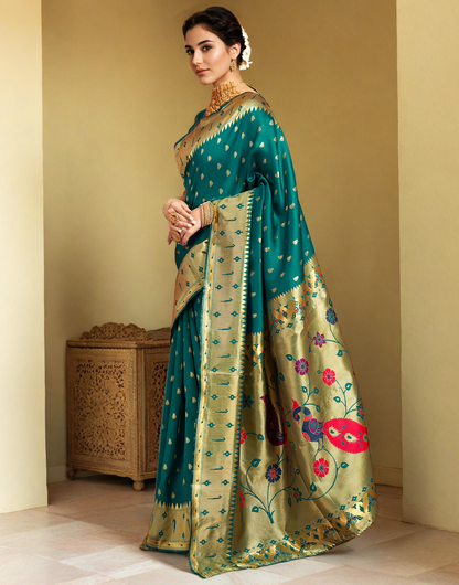 Traditional Rama Green Paithani Silk Saree With Zari Weaving Work