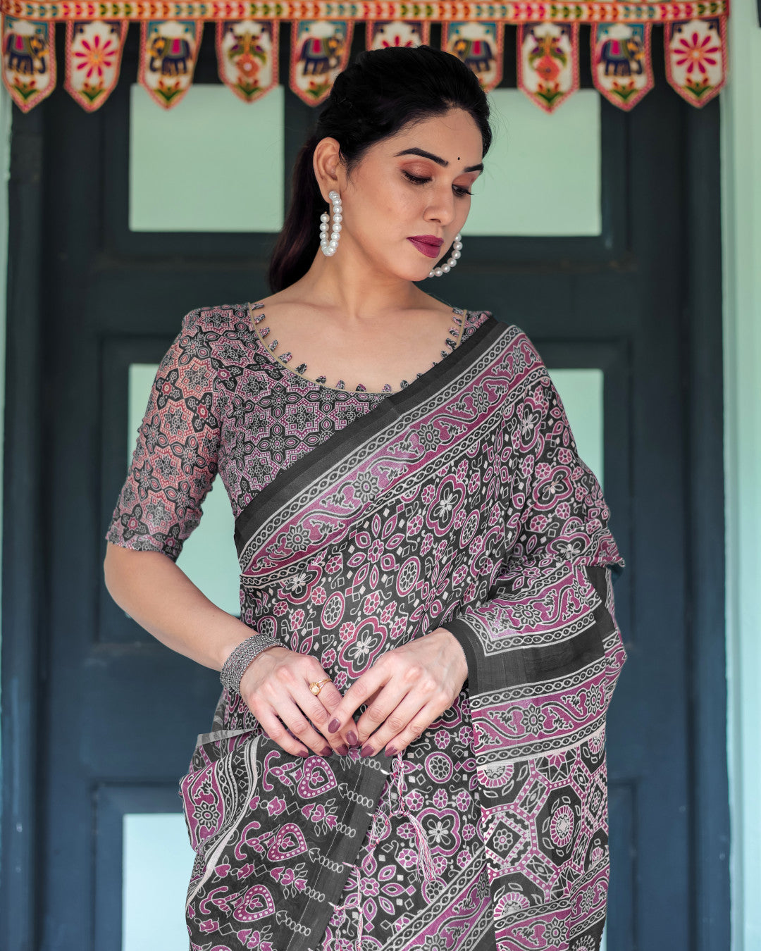 Black Soft Linen Cotton Saree With Ajarakh Digital Printed Work