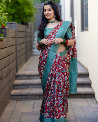 Red Colour Chanderi Cotton Saree With Kalamkari Digital Printed Work