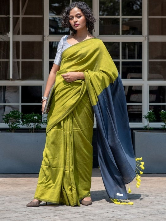 Parrot Green Color Plain Khadi Cotton Saree With Fancy Tassel Work