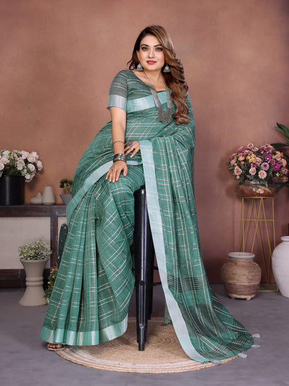 Rama Green Linen Cotton Saree With Silver Zari Border | Lightweight Elegant Party Wear – JaipurSaaj