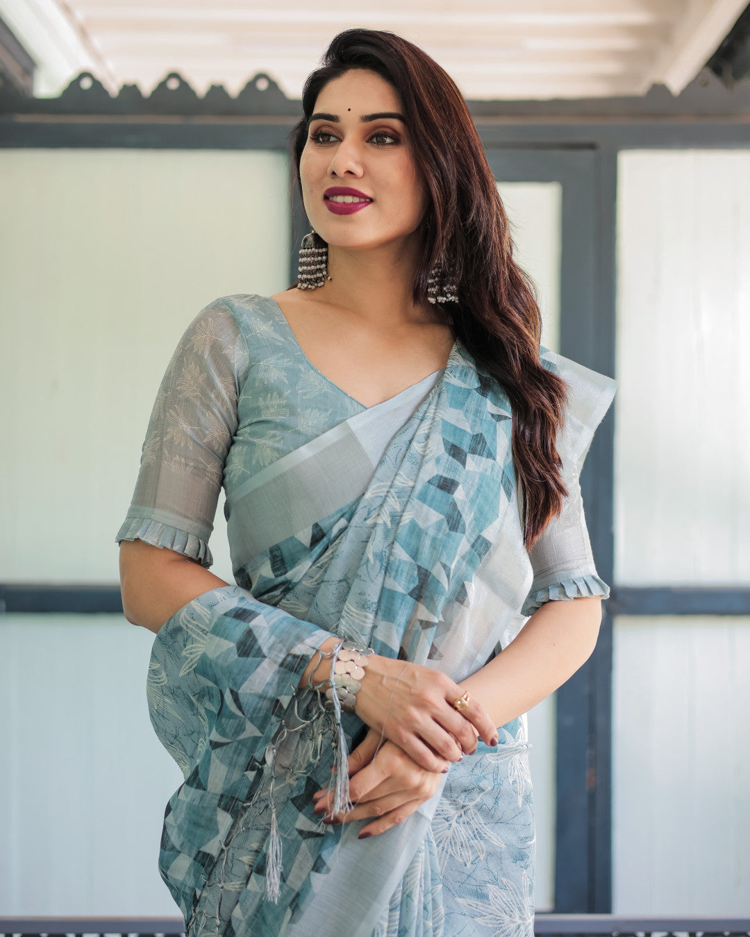 Sky Blue Summer Special Digital Printed Linen Cotton Saree