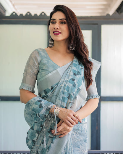 Sky Blue Summer Special Digital Printed Linen Cotton Saree