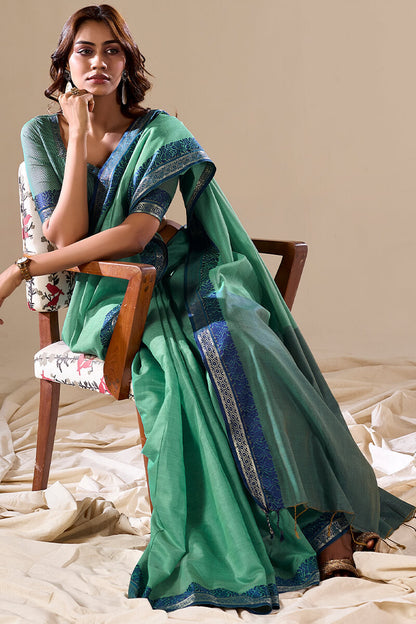 Sea Green Linen Cotton Saree With Weaving Work