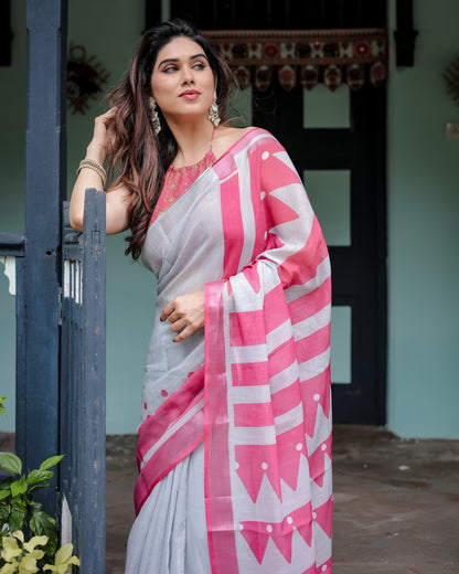 White And Pink Floral Digital Printed Linen Cotton Saree