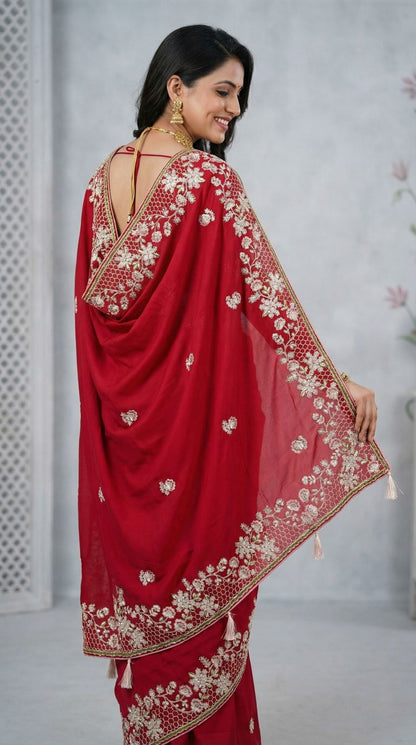 Maroon Dola Silk Saree With Sequence Embroidery Work | Festive & Wedding Wear – JaipurSaaj
