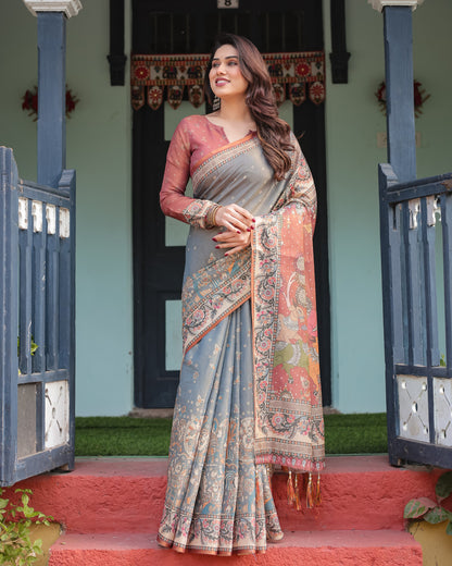 Blue Kalamkari Printed Linen Cotton Saree | Summer Casual & Ethnic Wear – JaipurSaaj