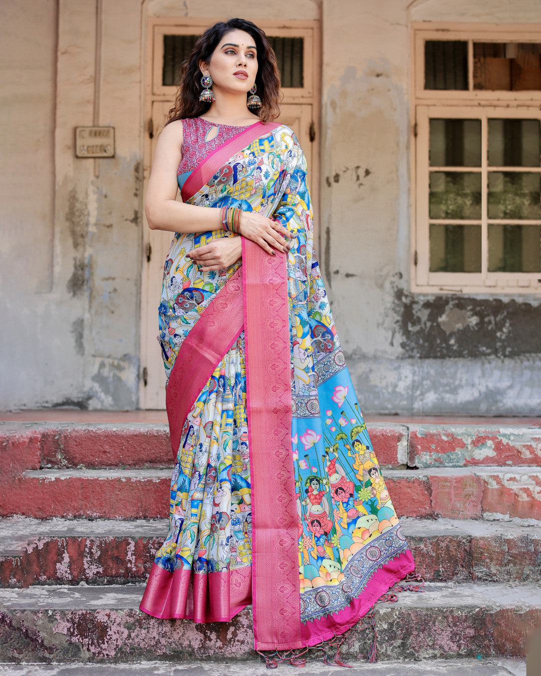 Multi Color Kalamkari Digital Printed Tussar Silk Saree | Designer Festive Ethnic Wear – JaipurSaaj