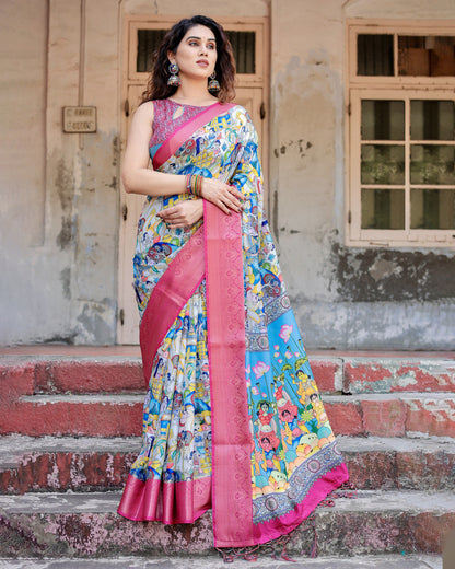 Multi Color Kalamkari Digital Printed Tussar Silk Saree | Designer Festive Ethnic Wear – JaipurSaaj