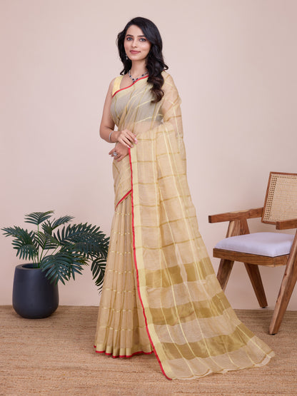 Beige Kota Doriya Saree With Zari Weaving Work