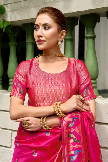 Traditional Pink Paithani Silk Saree With Zari Weaving Work