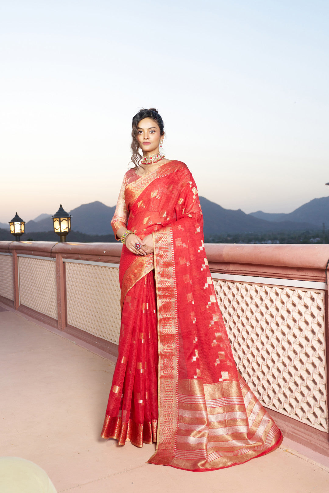 Red Kota Doriya Saree With Zari Weaving Work | Party & Festive Wear – JaipurSaaj