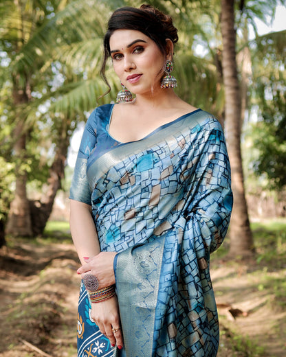 Rama Green Digital Printed Tussar Silk Saree With Zari Motif Border | Traditional Casual & Festive Wear – JaipurSaaj